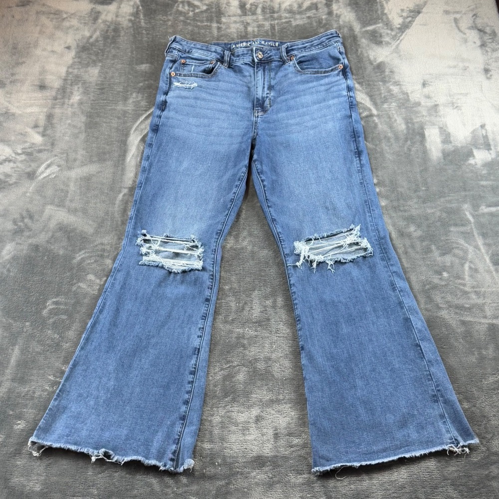 American Eagle Super High Rise Flare Jeans Distressed Raw Hem Blue Womens 12 Reg